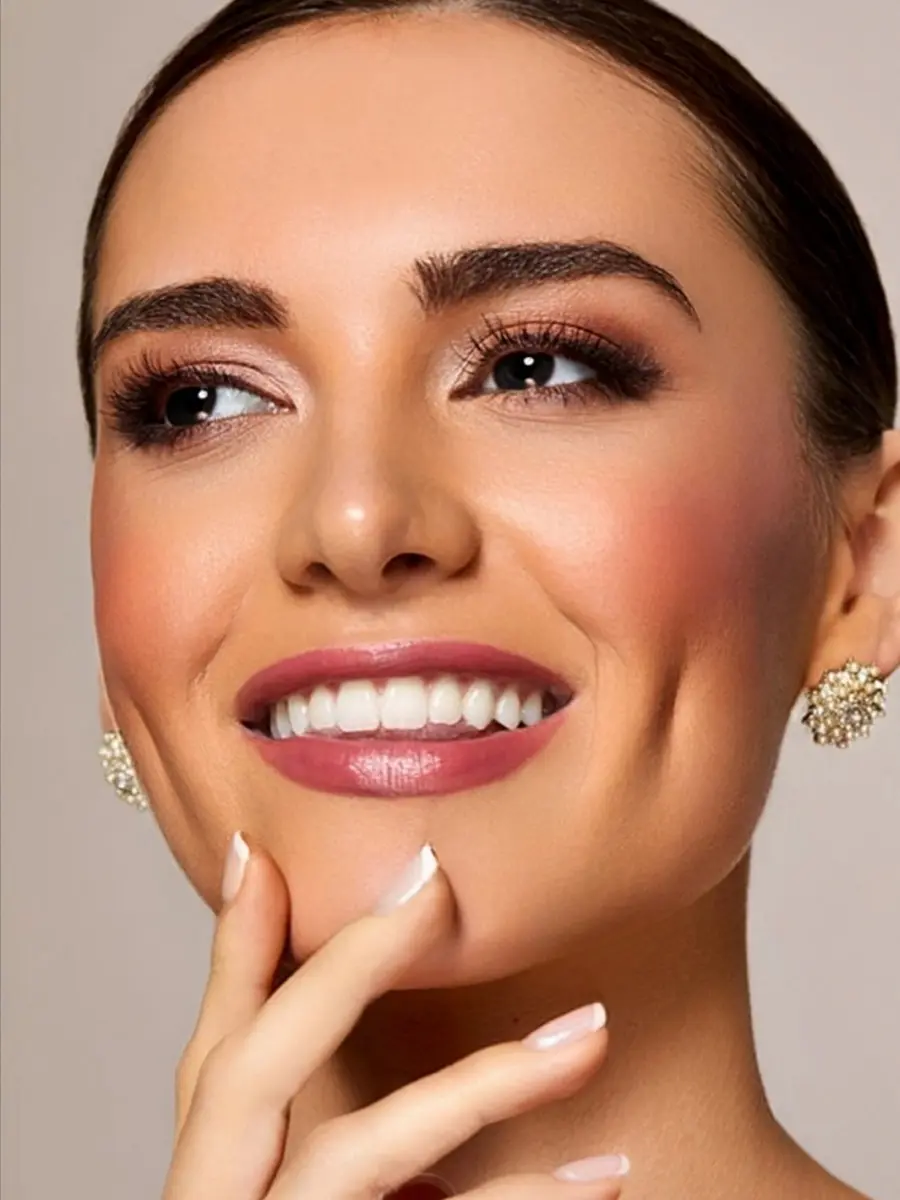 Young woman with lipstick touching her chin